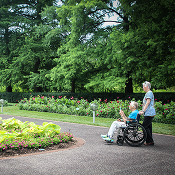 visitors in the garden, in a wheelchair