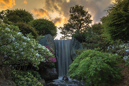 Japanese Garden, water fall in sunset